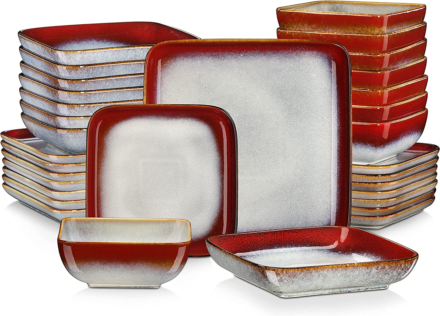 Vancasso Series Stern, Stoneware Dinnerware Sets, 32 Piece Square Red Dishes, Service for 8