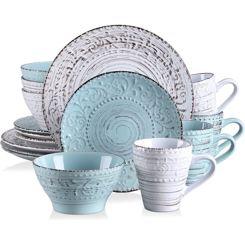 Vancasso, Series Vine, 16-Piece Stoneware Dinnerware Set, Blue and Beige Dinner Set, Service for 4
