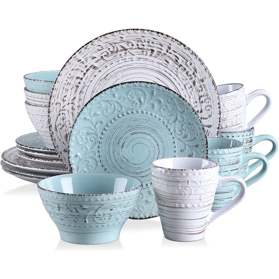 Vancasso, Series Vine, 16-Piece Stoneware Dinnerware Set, Blue and Beige Dinner Set, Service for 4