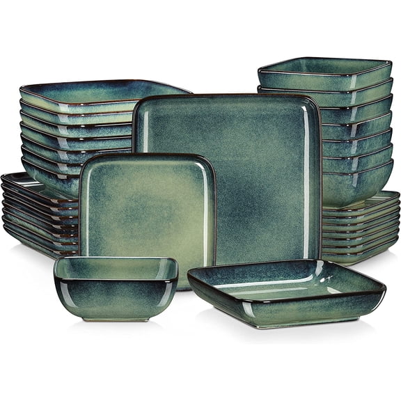 Vancasso Stoneware Dinnerware Sets, 32 Piece Square Green Dishes, Service for 8, Series Stern