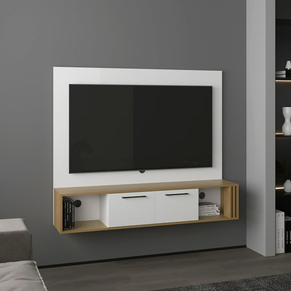 Vance 56" Wide Floating Entertainment Center with Two Cabinets , Four Shelves, Cable Management Narual Oak - White