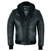 Vance Leathers' Men's Sven Bomber Black Waxed Premium Cowhide Motorcycle Leather Jacket with Removeable Hood (X-Large, Black)