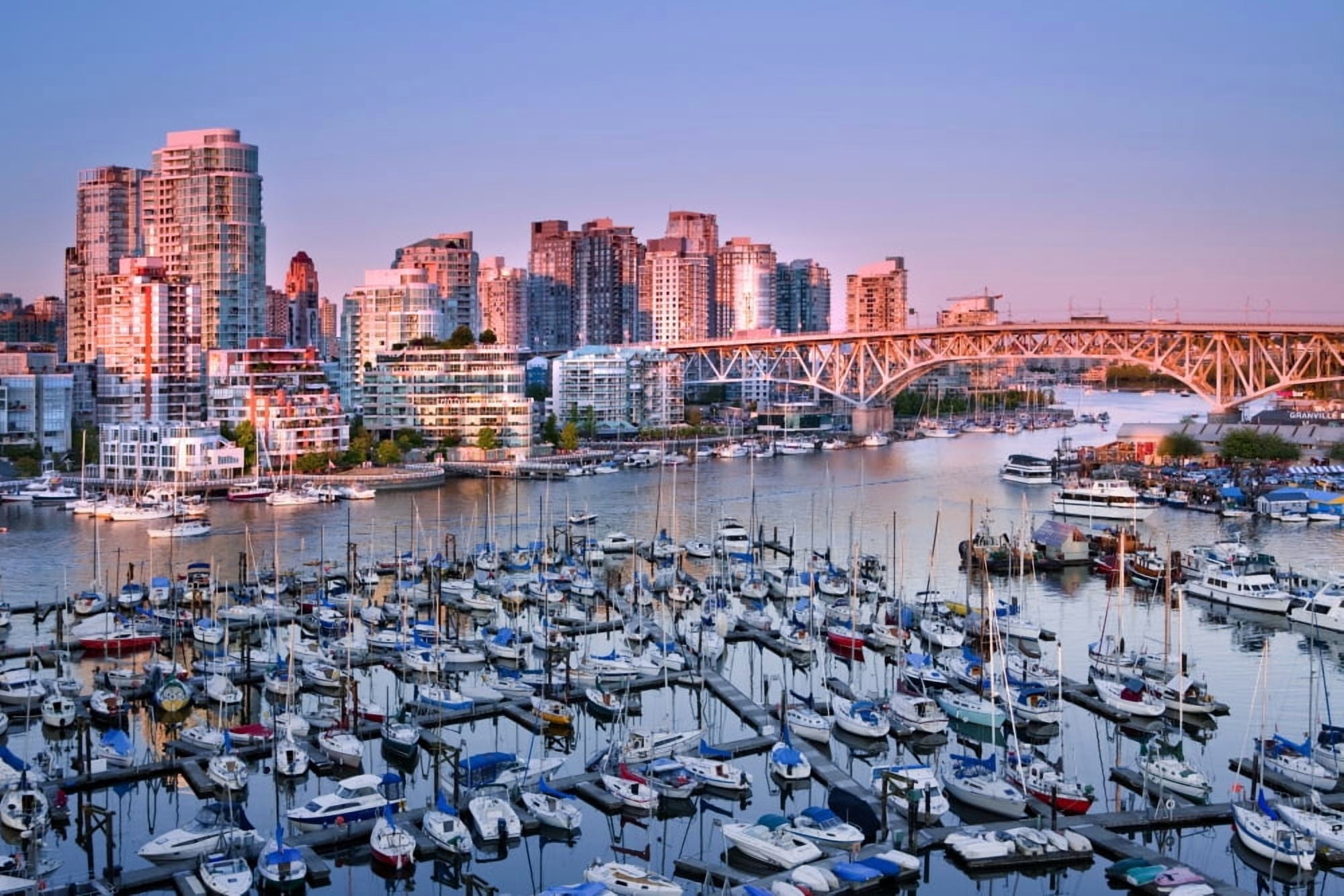Vancouver Downtown And False Creek Marinas View From Burrard St Bridge Vancouver British Columbia Canvas Art - Mathieu Dupuis Design Pics (34 x 22)