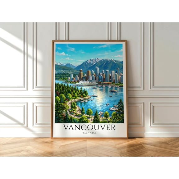 Vancouver Waterfront Skyline Print Pacific Northwest Wall Art Mountain Harbour Decor Modern Travel Artwork, Unframed Paper Print