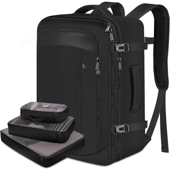 Vancropak Expandable Carry on Backpack for Men Women, 40L Airline Approved Travel Backpacks with 3 Packing Cubes, Black