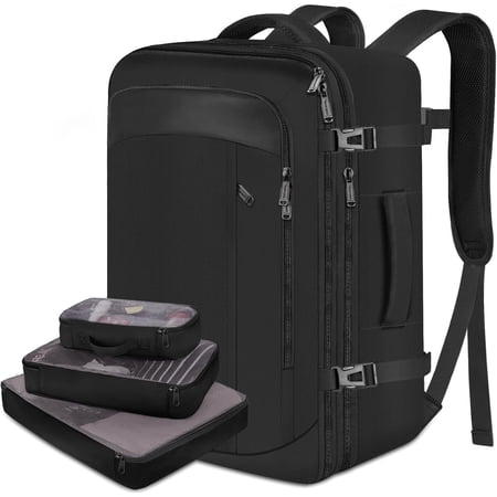 Vancropak Expandable Carry on Backpack for Men Women, 40L Airline Approved Travel Backpacks with 3 Packing Cubes, Black