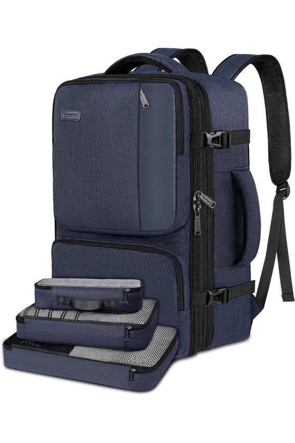 Travel Backpack, 40L Waterproof Carry on Bag with 3 Packing Cubes for Men Women, Blue