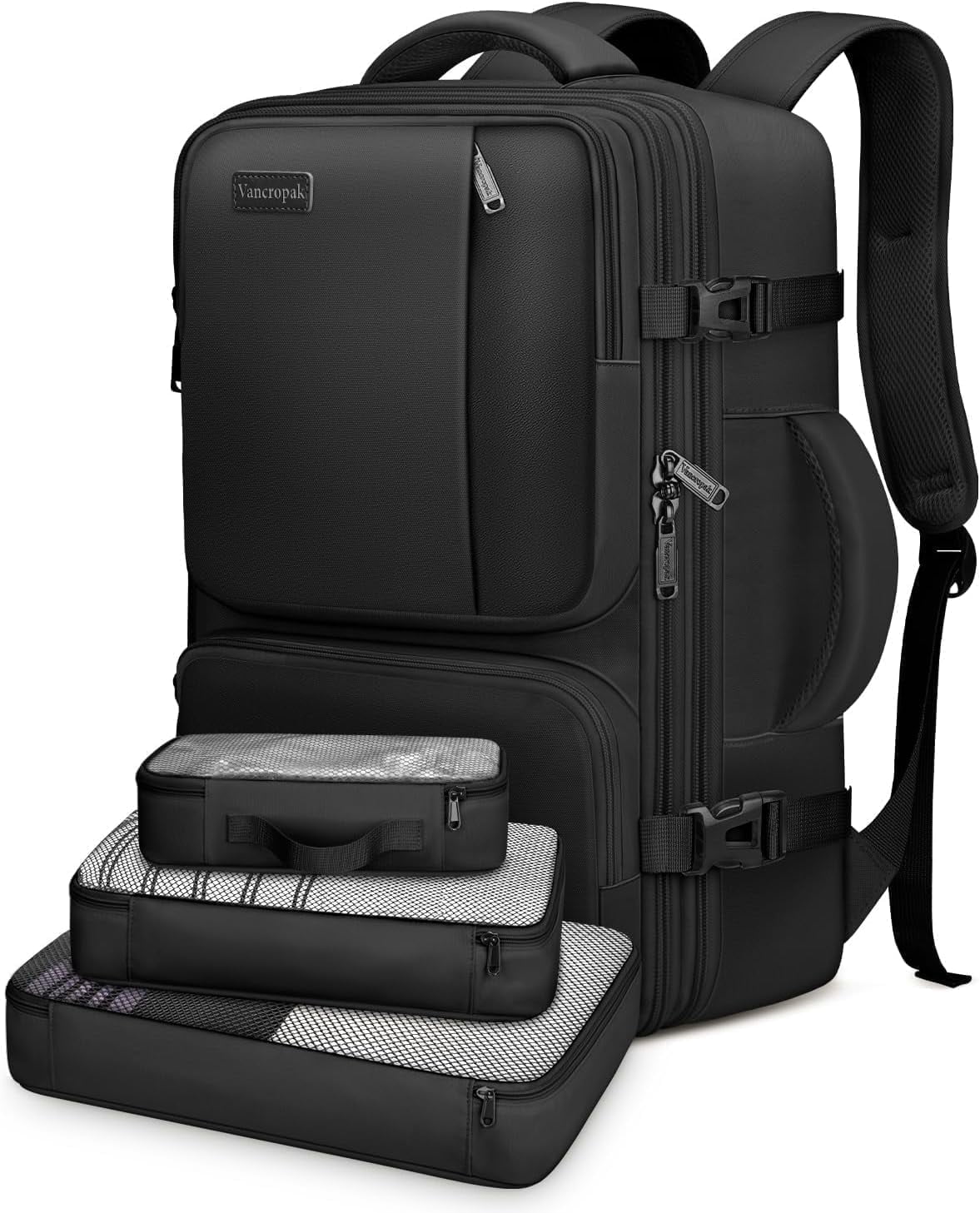 Vancropak Expandable Carry on Backpack, Flight Approved 40L Travel Backpack with 3 Packing Cubes for Men Women, Black