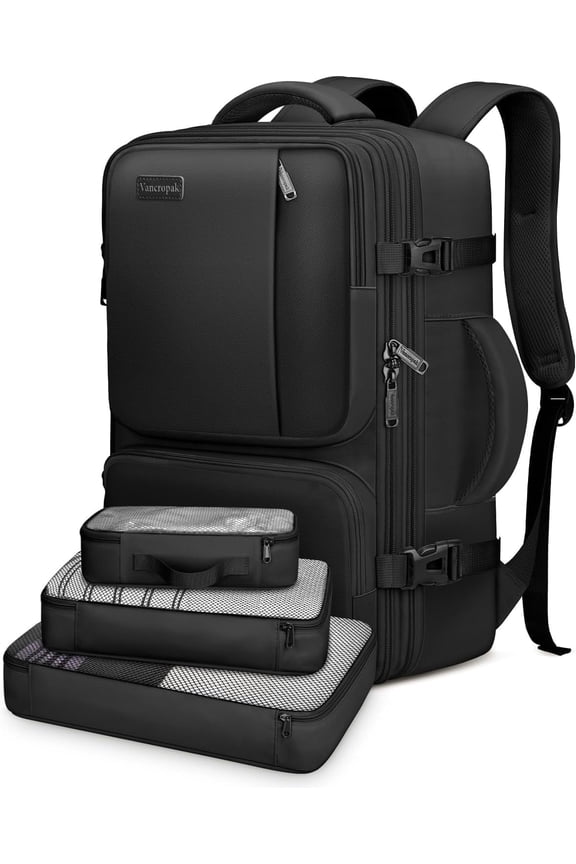 Expandable Carry on Backpack, Flight Approved 40L Travel Backpack with 3 Packing Cubes for Men Women, Black