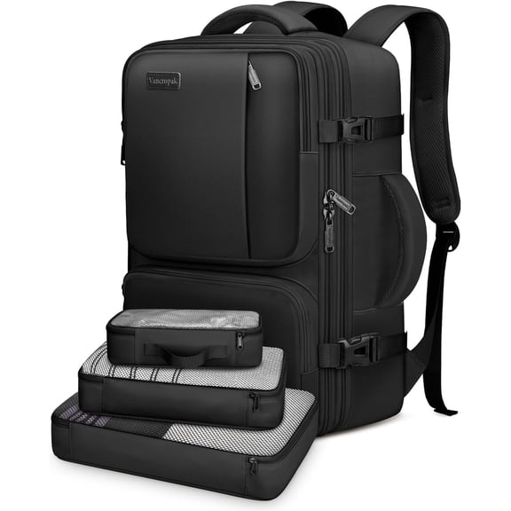 Vancropak Expandable Carry on Backpack, Flight Approved 40L Travel Backpack with 3 Packing Cubes for Men Women, Black