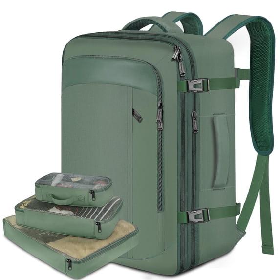 Vancropak Expandable Travel Backpack, 40L Airlined Approved Carry on Luggage Bag with 3 Packing Cubes for Men Women, Green