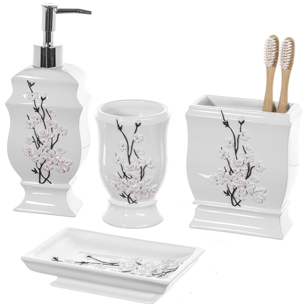 White Ceramic Floral 4-Piece Bathroom Accessory Set