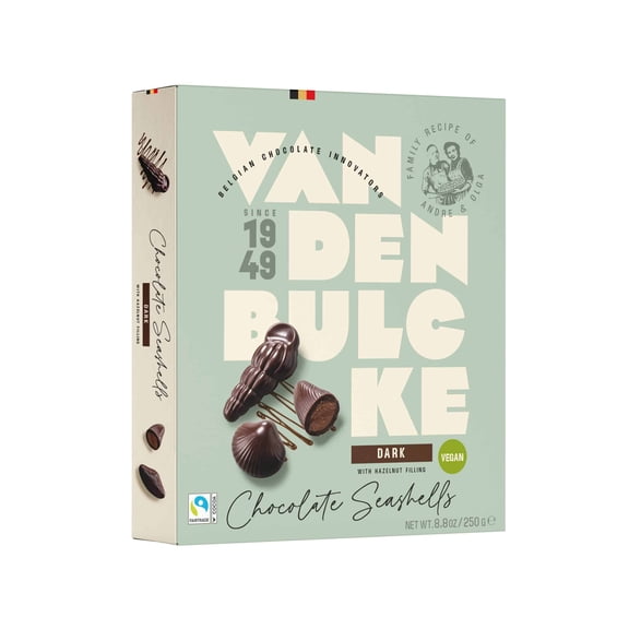 Vandenbulcke Vegan Belgian Dark Chocolate Seashells with Hazelnut Praline Filling Box 8.8 oz (250g)