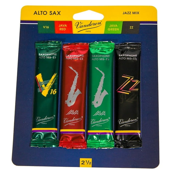 Vandoren Alto Sax Jazz Reed Mix Card includes 1 each ZZ, V16, Java and Java Red Strength #2.5