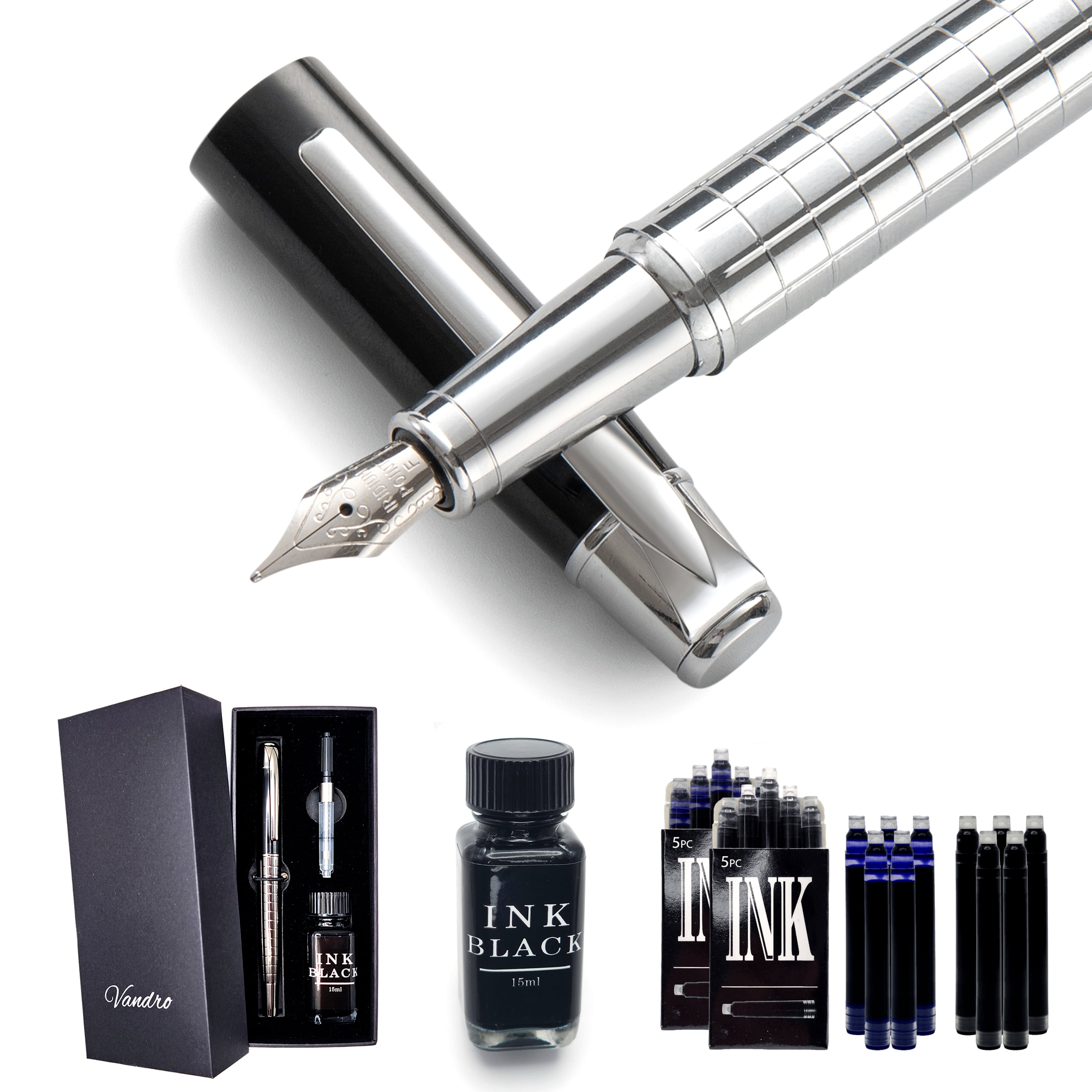 Vandro Complete Luxury Fountain Pen Set - Comfortable Grip with Smooth Fine Nib - Includes 10 Pack Ink Cartridges, Black Ink Bottle, Ink Refill Converter & Gift Box - Sky Silver