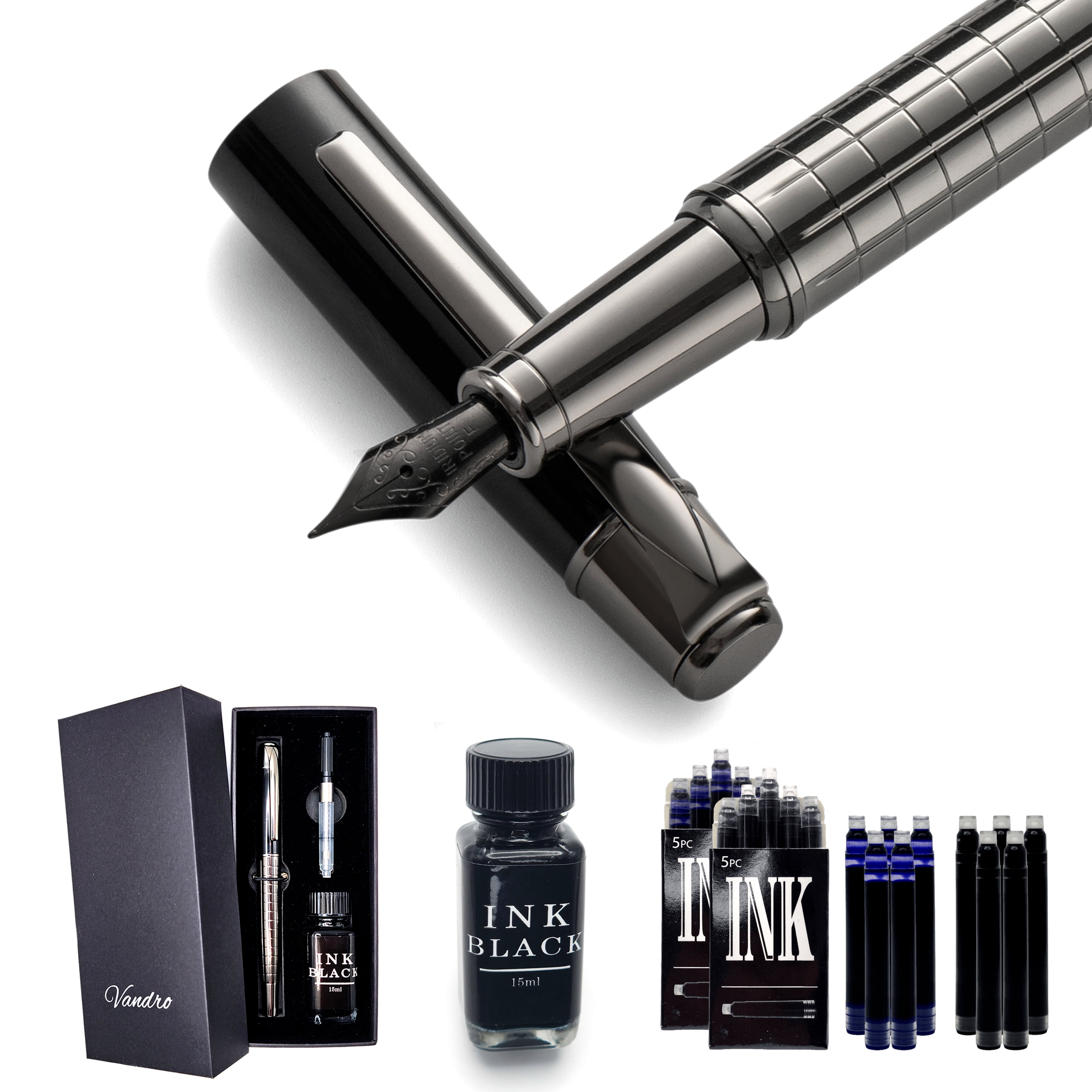Vandro Complete Luxury Fountain Pen Set - Comfortable Grip with Smooth Fine Nib - Includes 10 Pack Ink Cartridges, Black Ink Bottle, Ink Refill Converter & Gift Box - Midnight Black