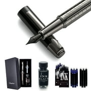 Vandro Complete Luxury Fountain Pen Set - Comfortable Grip with Smooth Fine Nib - Includes 10 Pack Ink Cartridges, Black Ink Bottle, Ink Refill Converter & Gift Box - Midnight Black