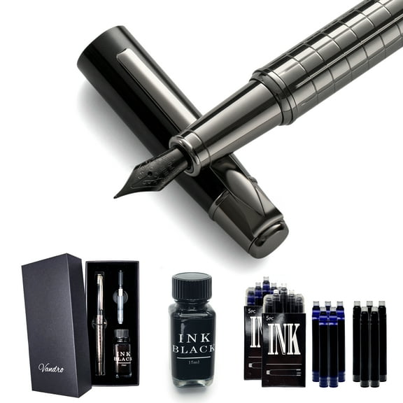 Vandro Complete Luxury Fountain Pen Set - Comfortable Grip with Smooth Fine Nib - Includes 10 Pack Ink Cartridges, Black Ink Bottle, Ink Refill Converter & Gift Box - Midnight Black