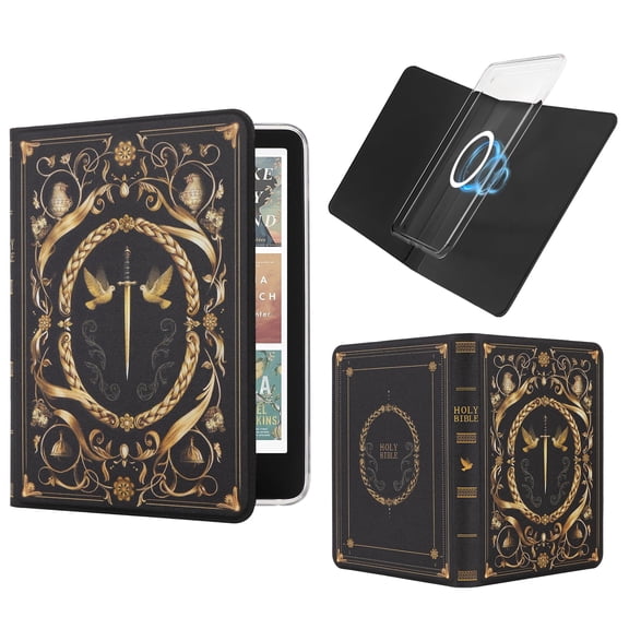 Vane Oak Magnetic Detachable Book Cover Case for 7" Kindle Paperwhite 12th Gen 2024 and Kindle Colorsoft Signature Edition, Slim PU Leather Case with Auto Wake/Sleep (Black Bible)