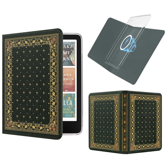 Vane Oak Magnetic Detachable Book Cover Case for 7" Kindle Paperwhite 12th Gen 2024 and Kindle Colorsoft Signature Edition, Slim PU Leather Case with Auto Wake/Sleep (Ornate Green)