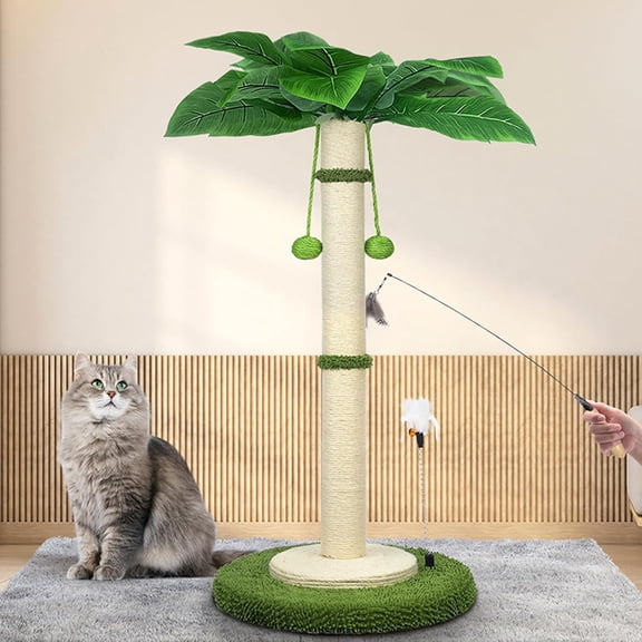 Vanel 37.4" Palm Tree Cat Scratching Post, with Interactive Balls & Feather Toy, for Indoor Cats