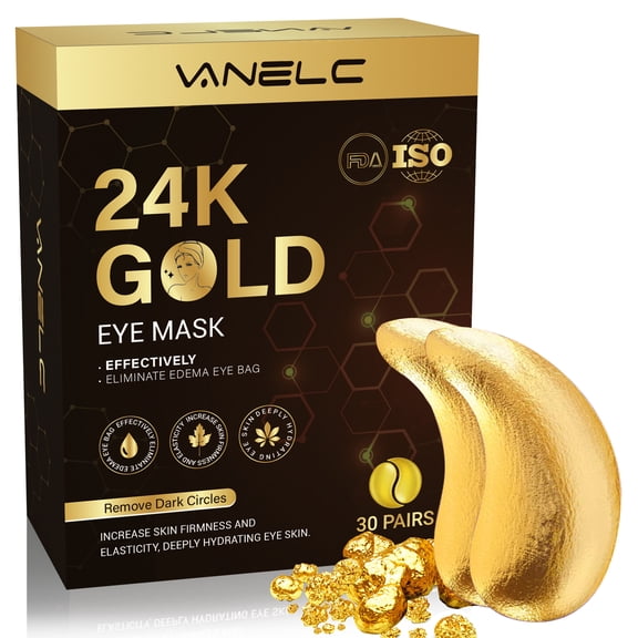 Vanelc 24K Gold Eye Patches, 30 Pairs Under Eye Mask for Dark Circles & Puffy Eyes, Collagen Eye Masks for Puffiness & Eye Bag, Anti-Aging, Anti-Wrinkle & Fine Lines, Travel Size Pack