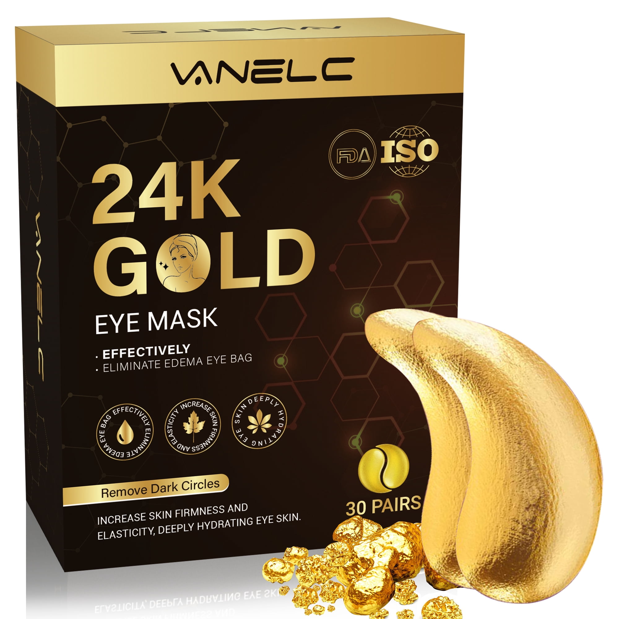 Vanelc 24K Gold Eye Patches, 30 Pairs Under Eye Mask for Dark Circles