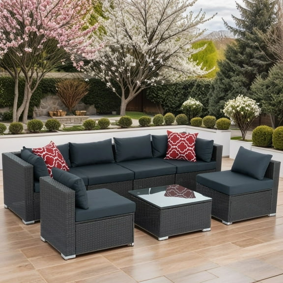 Vanelc Home 7 Piece Outdoor Patio Furniture Set, PE Rattan and Iron with Cushion, Dark Gray/Dark Gray
