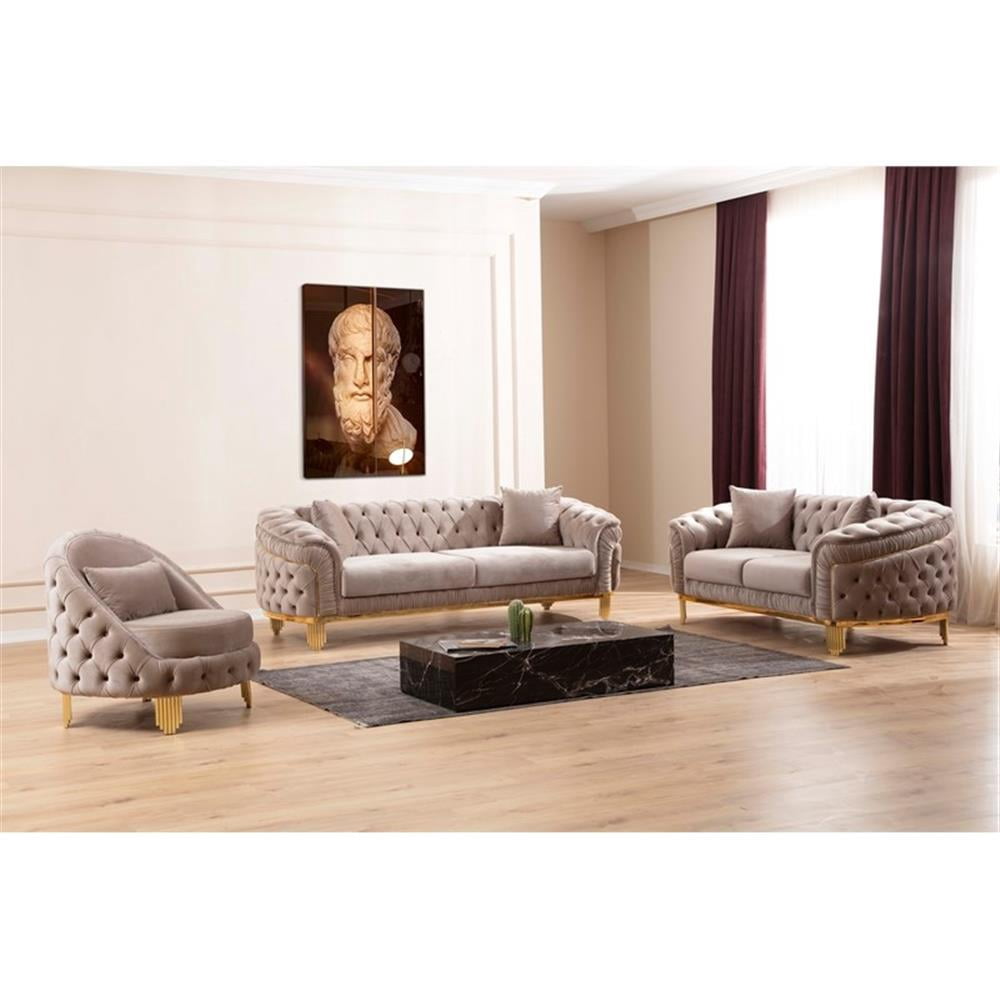 Vanessa 3 Piece Living Room Set Finished with Velvet Upholstery in Taupe