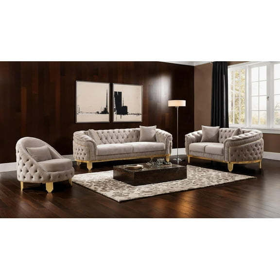 Vanessa 3 Piece Living Room Set Finished with Velvet Upholstery in Taupe