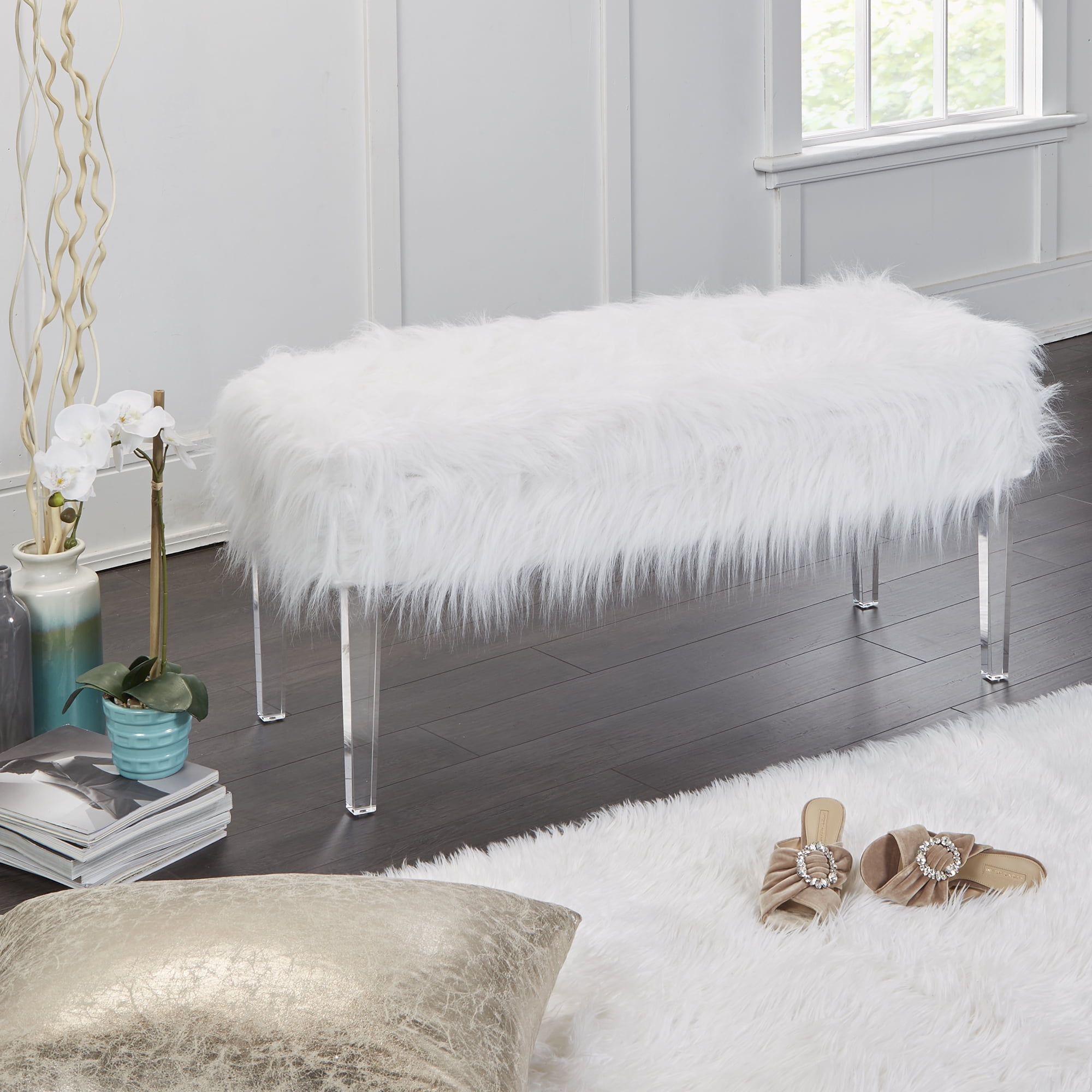 Vanessa White Faux-Fur Storage Vanity Bench with Clear Legs
