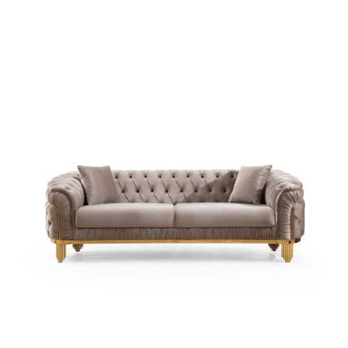 Vanessa Modern Style Button Tufted Sofa 3-Seat Velvet Couch with Gold-Plated Metal Legs, Coil Spring Seat, Flared Arms, Taupe Color, for Living Room, Apartment (NJ Inventory)