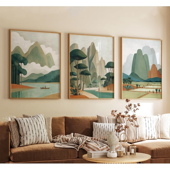 Vang Vieng Laos Poster Vintage Travel Illustration Retro Mountain Landscape Wall Art Prints Set 3