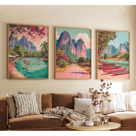 Vang Vieng Laos Poster Vintage Travel Illustration Retro Mountain Landscape Wall Art Prints Set 3