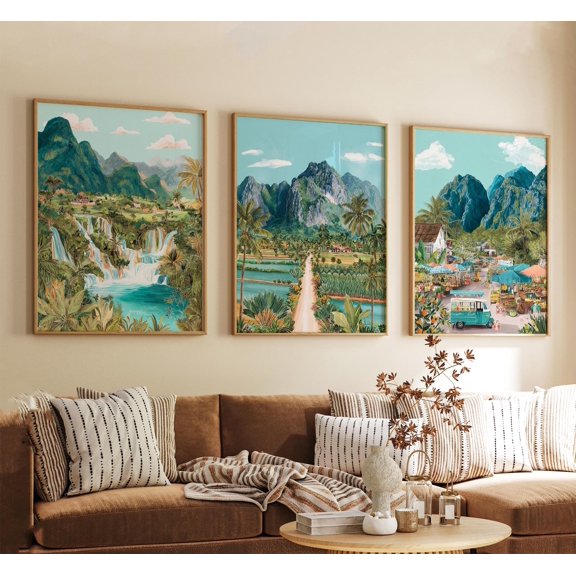 Vang Vieng Laos Poster Vintage Travel Illustration Retro Mountain Landscape Wall Art Prints Set 3