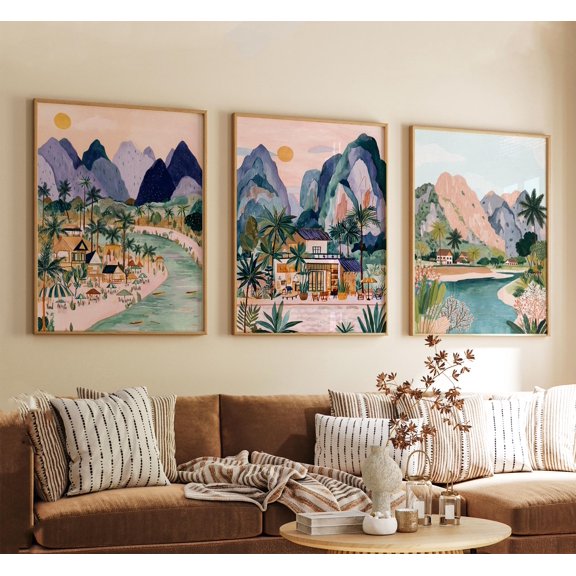 Vang Vieng Laos Poster Vintage Travel Illustration Retro Mountain Landscape Wall Art Prints Set 3