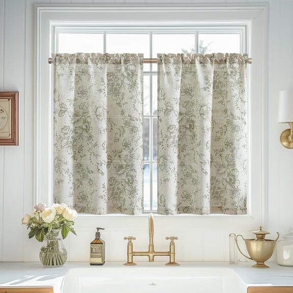 Vangao Linen Kitchen Curtains Floral Tier Drapes 24 Inch Farmhouse Botanic Cafe Curtains Small Window Drapes Rustic Half Window Treatments for Living Room Bathroom Laundry 2 Panels Green on Beige