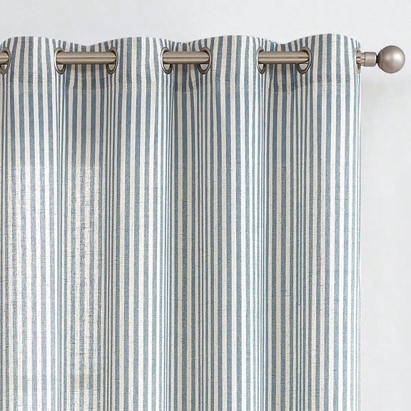 Vangao Linen Striped Curtains Boho Tickingstripe Light Filtering Window Curtains Blue Printed on Beige Drapes 95 Inches Long for Living Room Bedroom Grommet Top 2 Panels