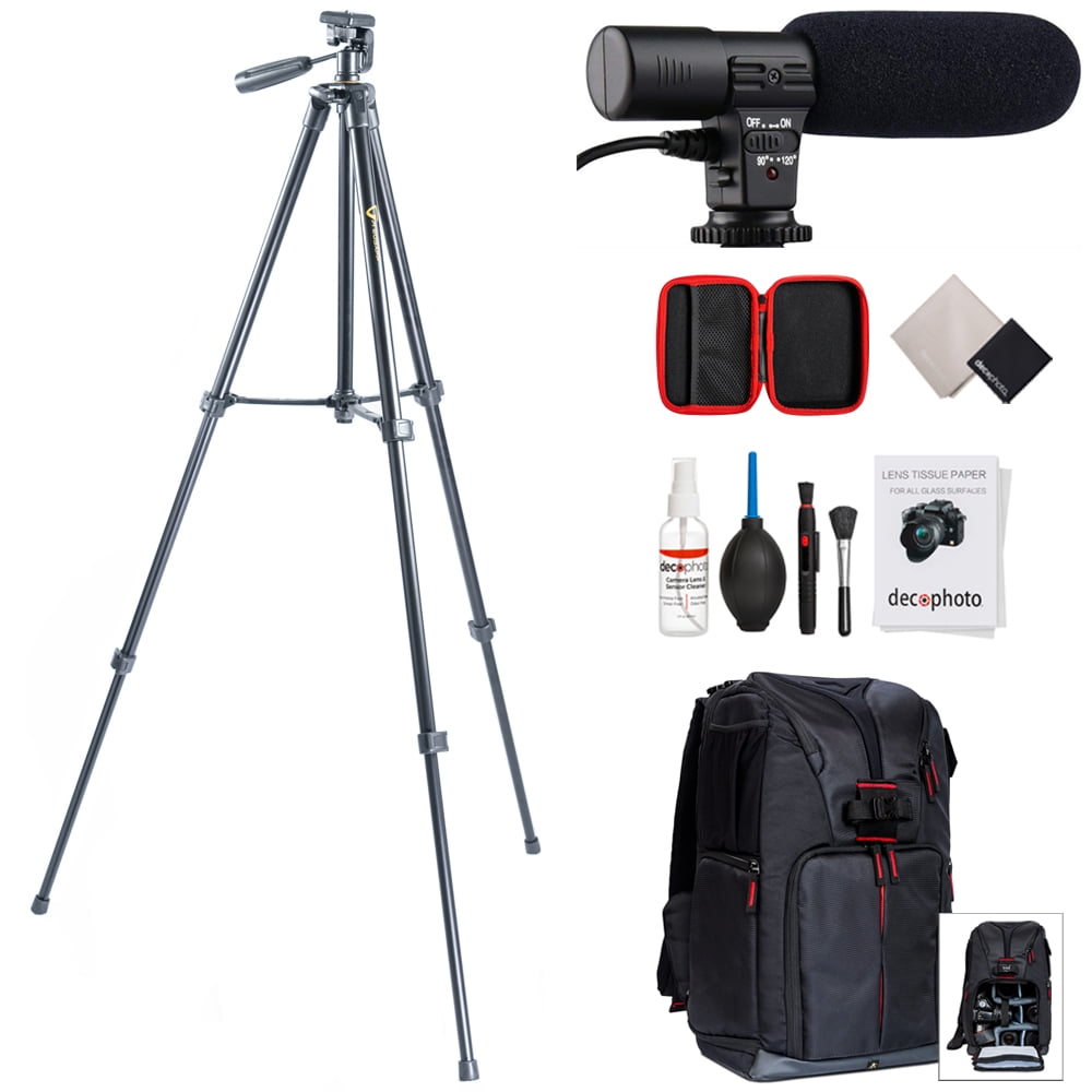 Vanguard VK 203AP 60 Inch Video & Photography Tripod with 3-Way Pan Head &  Arm + Deco Gear Universal Mini Condenser Shotgun Microphone + Photo Camera  ...