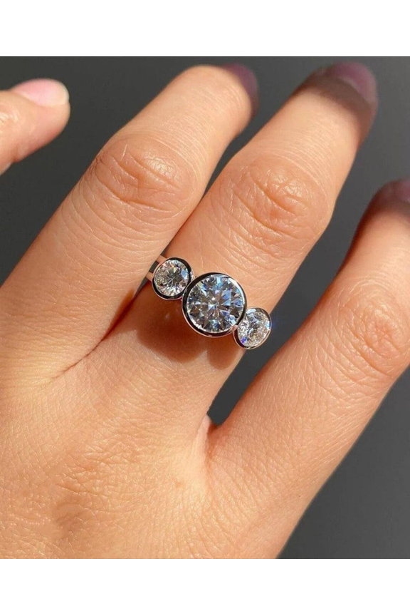 Round Cut Moissanite Three Stone Bezel Setting Straight Shank Unique Engagement Gift Ring In 925 Sterling Silver