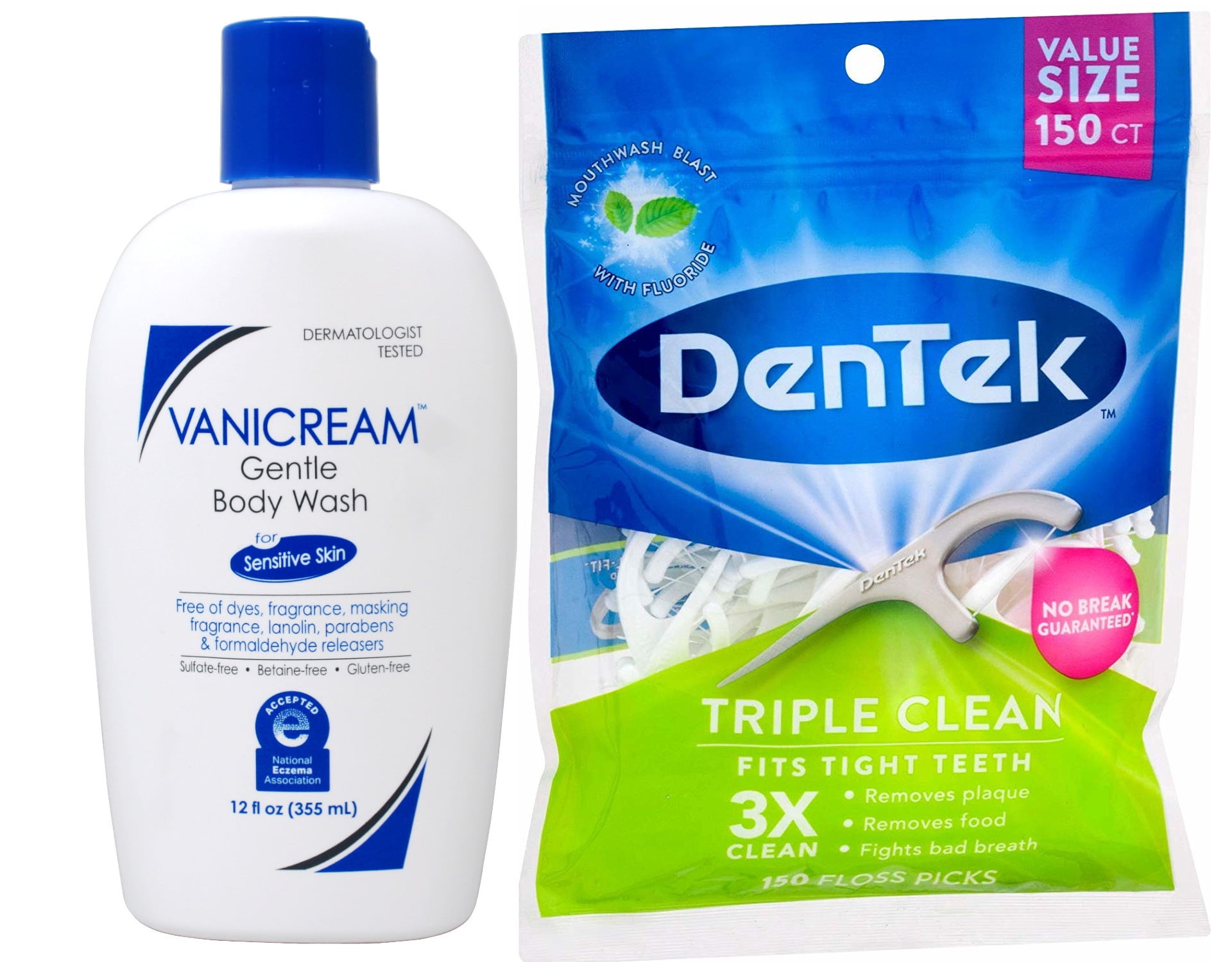 Vanicream Gentle Body Wash 12 fl oz Sensitive Skin Bundle with DenTek Triple Clean Floss Picks 150 Count
