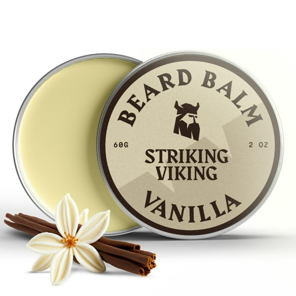 Striking Viking Vanilla Beard Balm - Styles, Strengthens Softens Beards Mustaches - Natural Beard Conditioner Wax with Organic Shea Butter, Tea Tree, Argan Jojoba Oils (Vanilla)