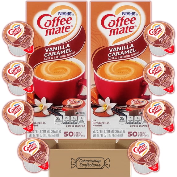 Vanilla Caramel Coffee Mate Mix and Match Flavored Creamer Cups - 100 Single Serve Vanilla Caramel Coffee Creamer Cups - In Convenient Dispenser Boxes - In Cornershop Confections Pack
