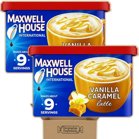 Vanilla Caramel Latte Maxwell-House International Bundle Pack - 2 Pack, Each Container Is 8.7 Ounces - Cafe Style Beverage Mix - For Breakfast, A Cold Day, Energy in Cornershop Confections Pack