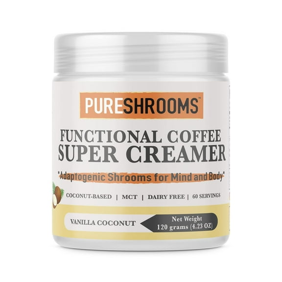 Vanilla Coffee Super Creamer - Coconut Milk Powder, MCT, Organic Lions Mane, Reishi & Cordyceps. Plant-based, Focus, Stress Relief, Antioxidants, Energy & Immunity. Dairy-free, Vegan (120g/4.23oz)