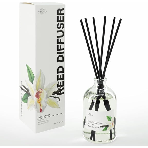 Vanilla Cream Reed Diffuser Set for Bathroom & Home, Long Lasting Essential Oil Aroma, Glass Bottle Home Fragrance with Sticks, Ideal Gift for Woman, 3.52oz (100ml)