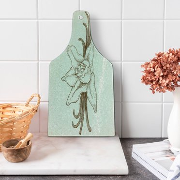 Vanilla Cutting Board, Vintage Nostalgic Drawing of Aromatic Exotic Flavor Flower Print, Decorative Tempered Glass Cutting and Serving Board, in 3 Sizes, by Ambesonne