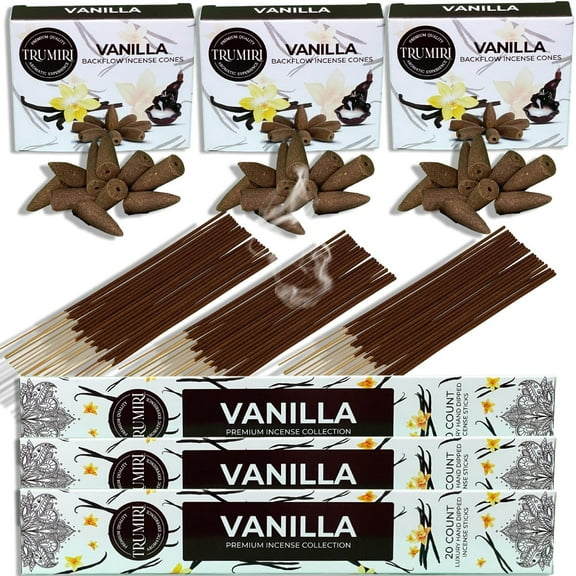 Vanilla Incense Sticks & Backflow Incense Cones for Waterfall Combo Pack - 60 Insence-Sticks + 30 Backflow Cones - Insents - Incense Waterfall Cones - Inscense
