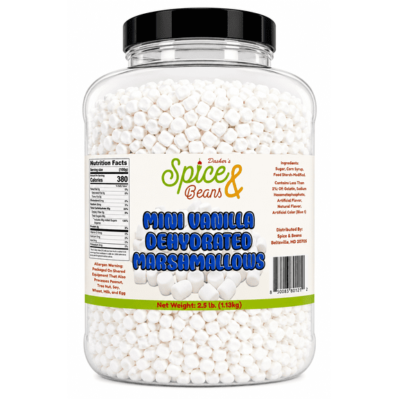 Vanilla Mini Dehydrated Marshmallows | Ice Cream Topping & Dessert Decoration | by Dasher's Spice & Beans | 2.5 lb Reusable Barrel Container