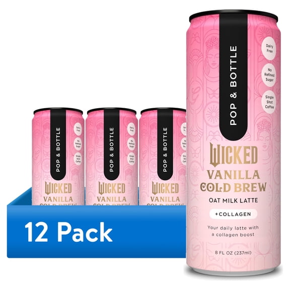 (12 pack) Pop & Bottle Vanilla Oat Milk Latte + Collagen, Organic, Shelf-Stable/ Ambient, 8 fl oz